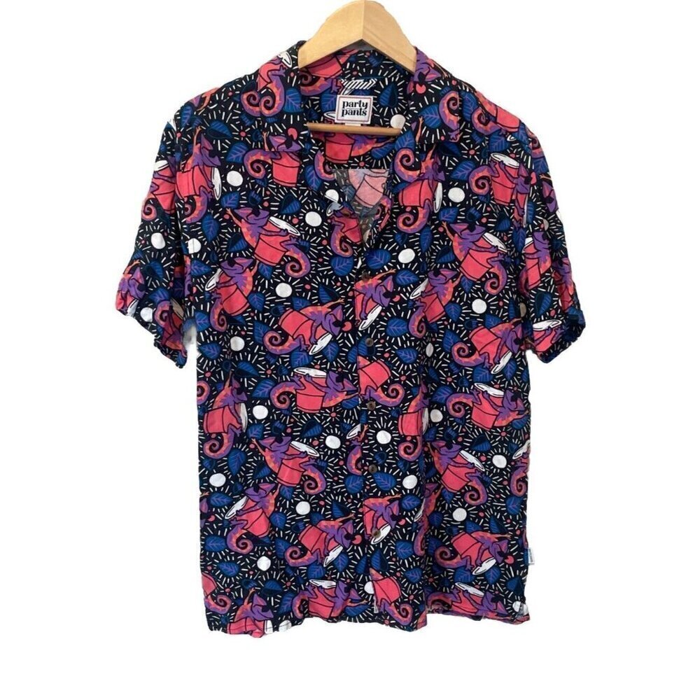 Party Pants Vacation Button up Shirt Short Sleeve top Neon 80s Lizard chameleon